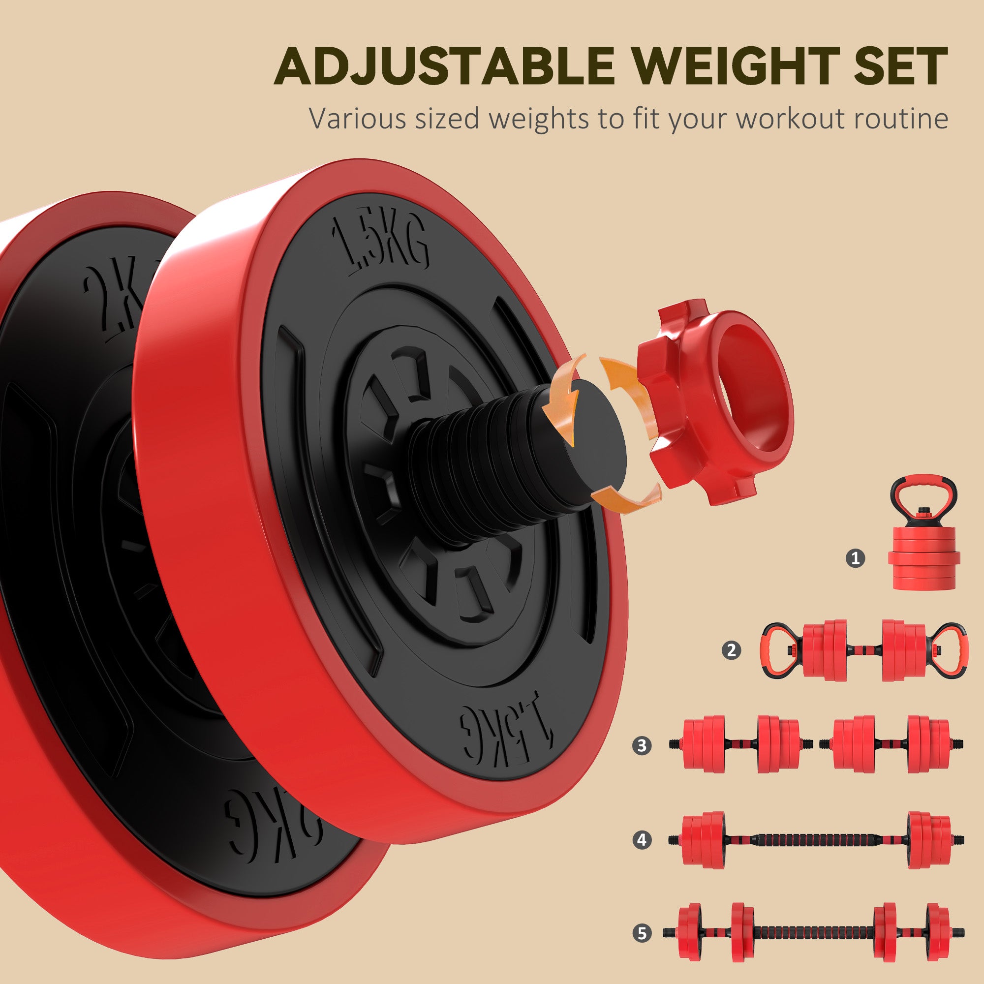 SPORTNOW 30kg 6-In-One Adjustable Weight Dumbbells Set, Barbell, Kettlebell, Push Up Stand - Red