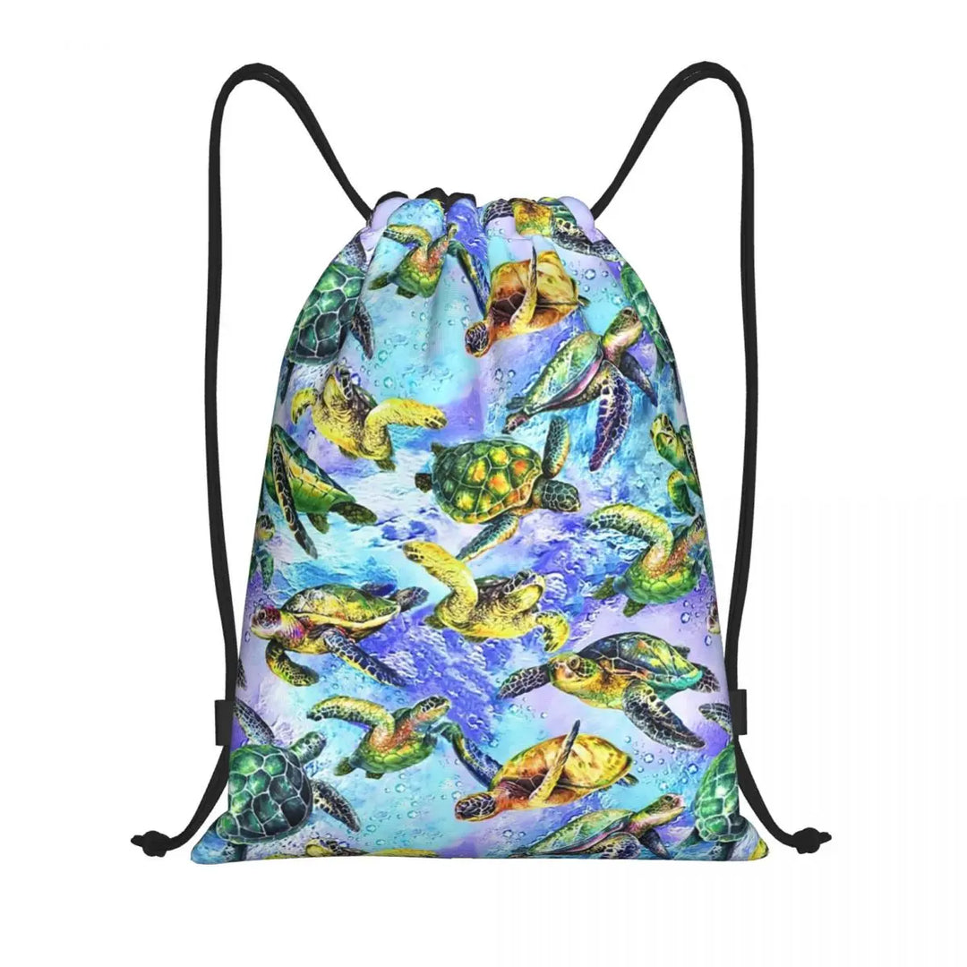 Custom Ocean World Turtles Fish Seahorse Drawstring