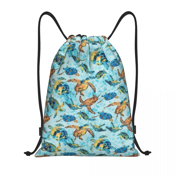 Custom Ocean World Turtles Fish Seahorse Drawstring