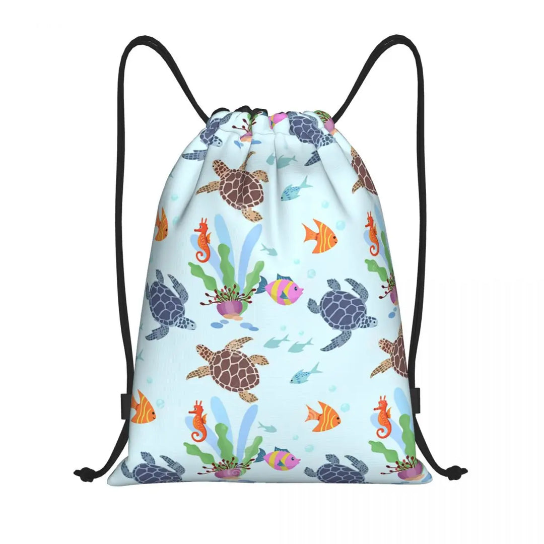Custom Ocean World Turtles Fish Seahorse Drawstring