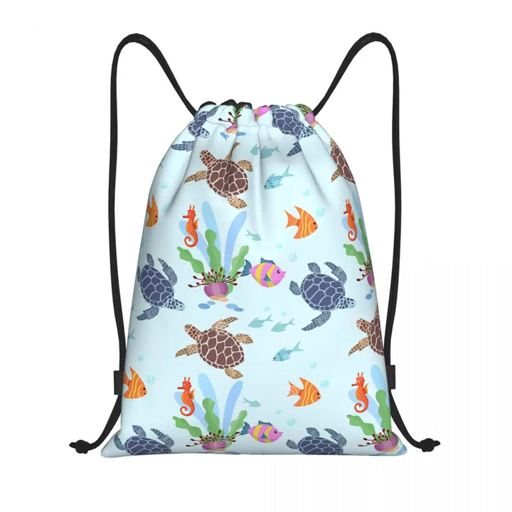Custom Ocean World Turtles Fish Seahorse Drawstring