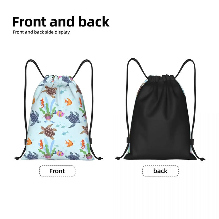 Custom Ocean World Turtles Fish Seahorse Drawstring