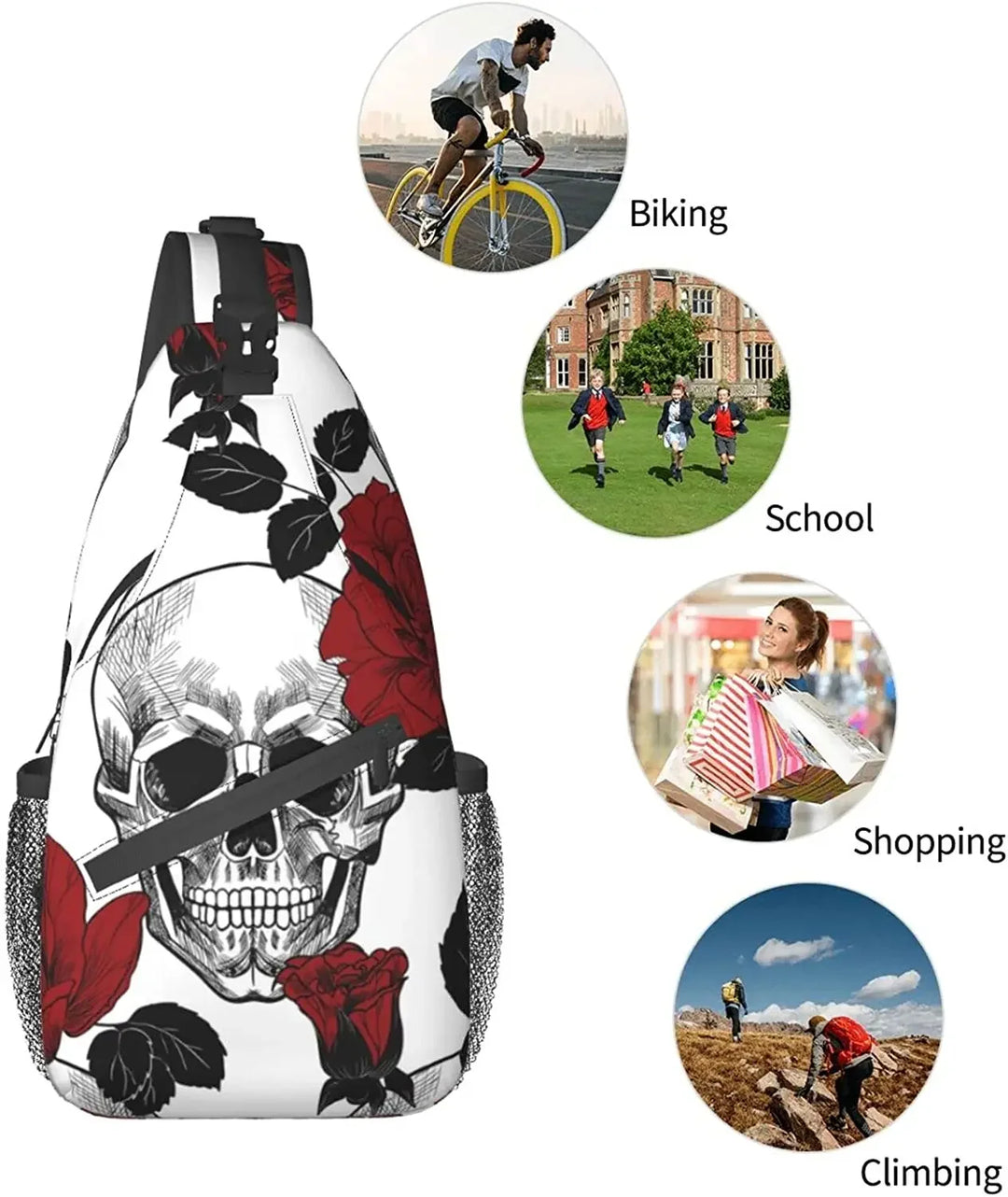 Skull Flowers Unisex Crossbody Backpack Small Sling Bag
