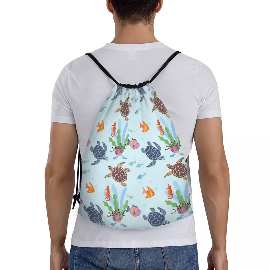Custom Ocean World Turtles Fish Seahorse Drawstring