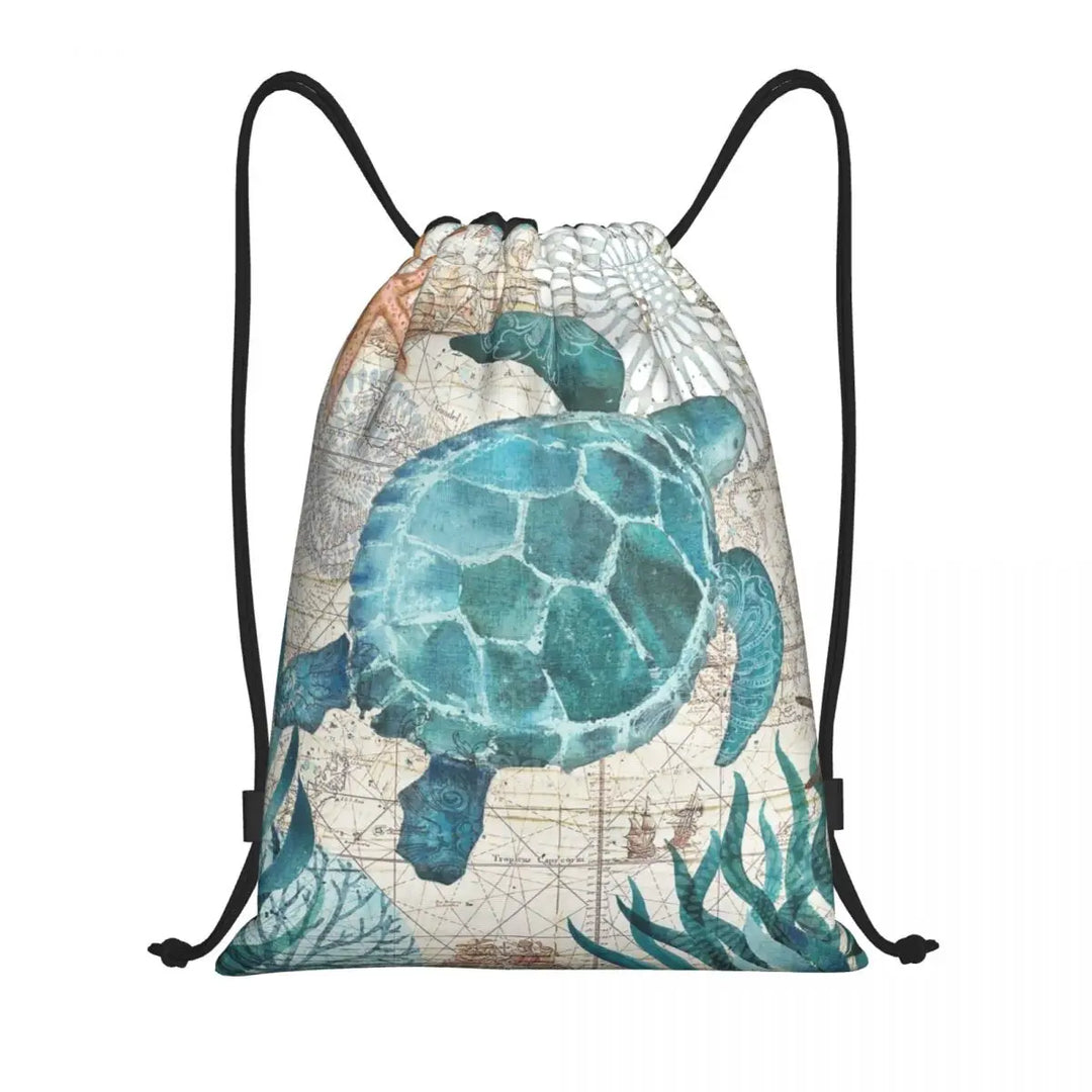 Custom Ocean World Turtles Fish Seahorse Drawstring