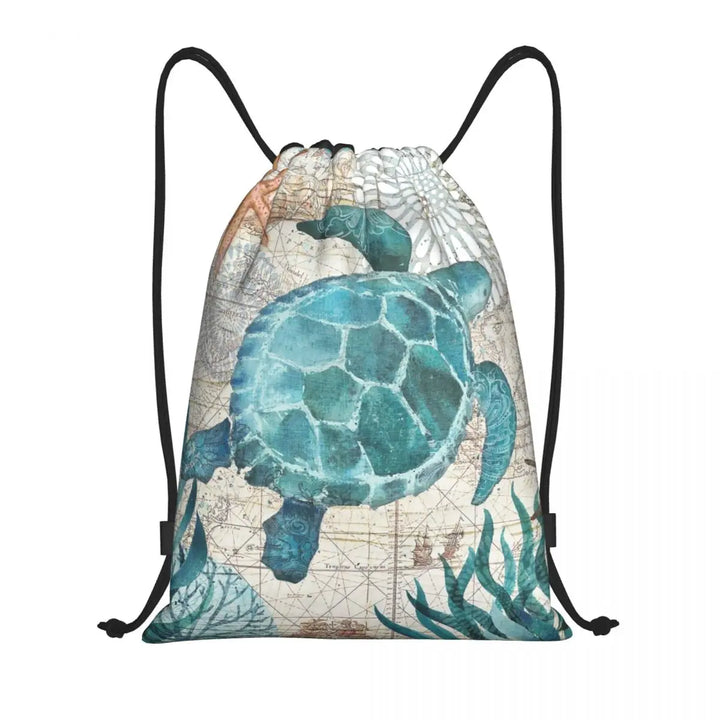 Custom Ocean World Turtles Fish Seahorse Drawstring