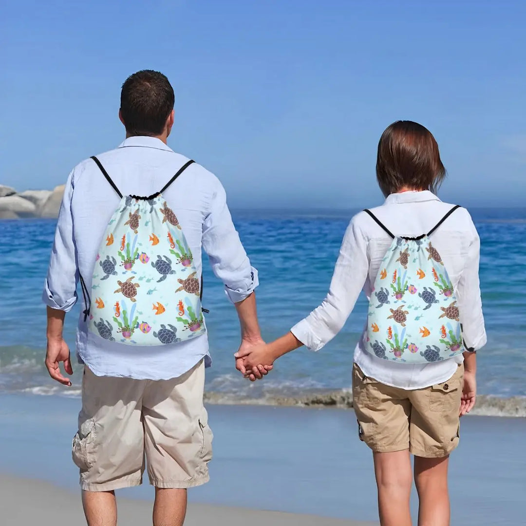 Custom Ocean World Turtles Fish Seahorse Drawstring