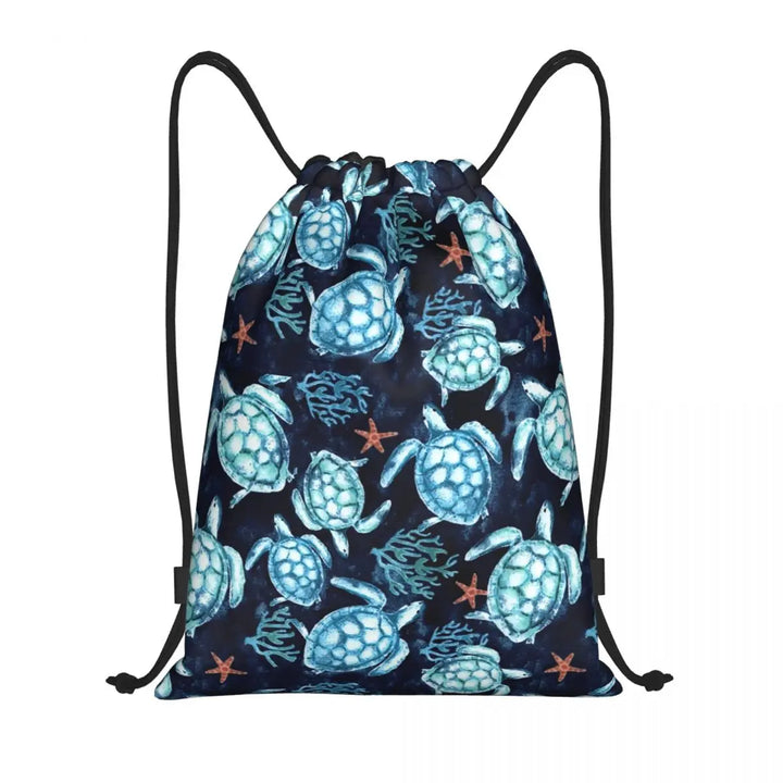 Custom Ocean World Turtles Fish Seahorse Drawstring