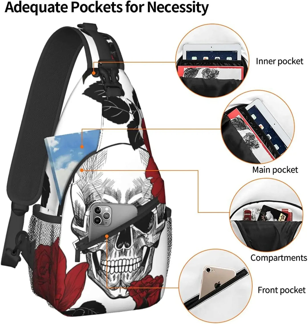 Skull Flowers Unisex Crossbody Backpack Small Sling Bag