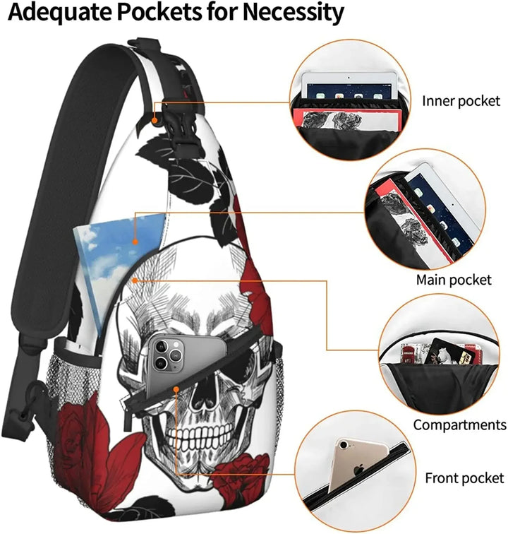 Skull Flowers Unisex Crossbody Backpack Small Sling Bag