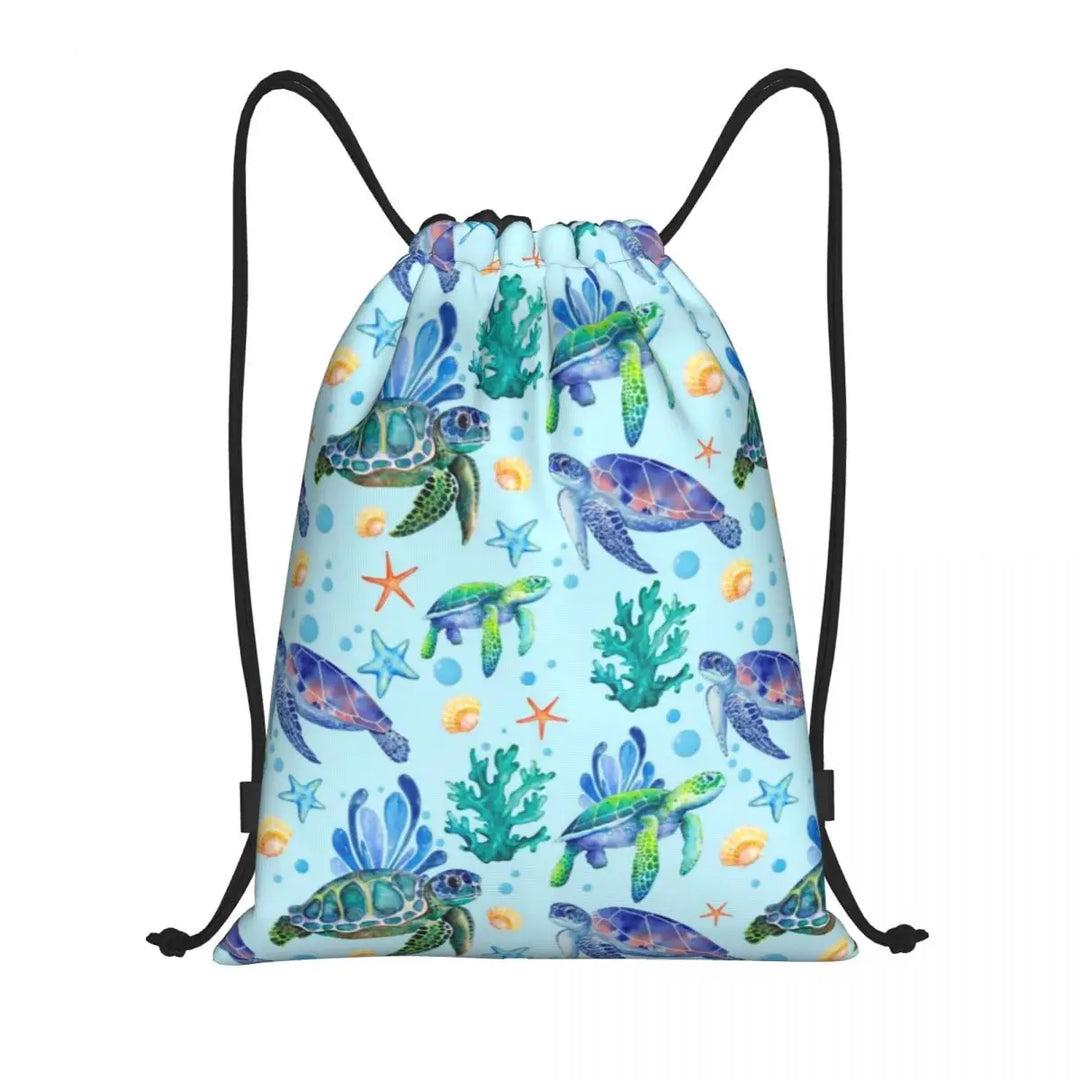 Custom Ocean World Turtles Fish Seahorse Drawstring