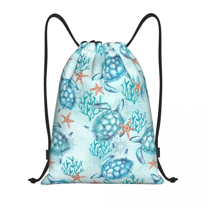 Custom Ocean World Turtles Fish Seahorse Drawstring