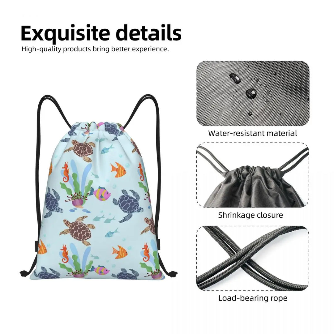 Custom Ocean World Turtles Fish Seahorse Drawstring
