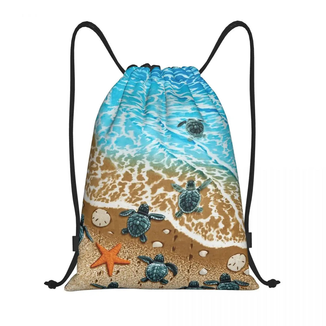 Custom Ocean World Turtles Fish Seahorse Drawstring