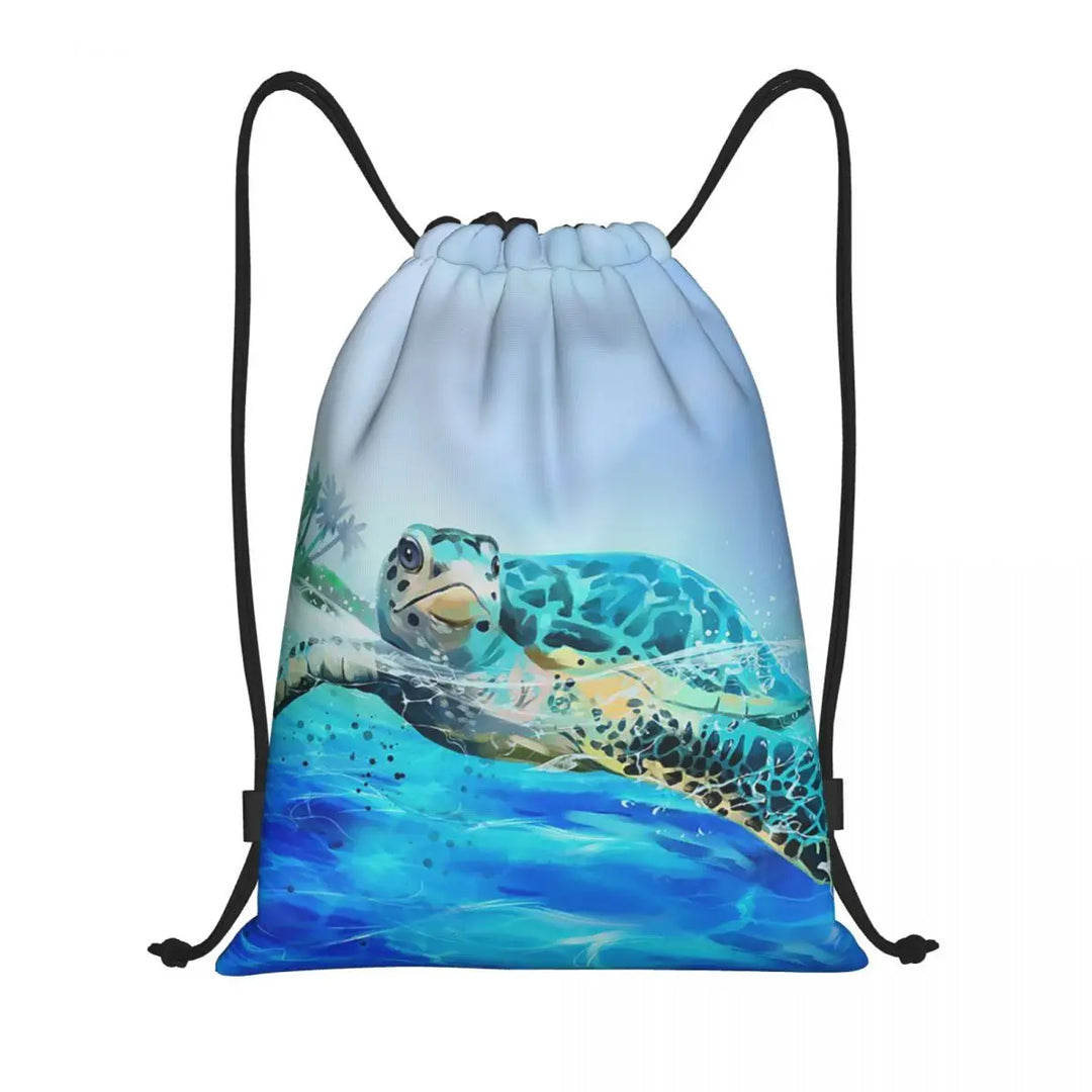 Custom Ocean World Turtles Fish Seahorse Drawstring