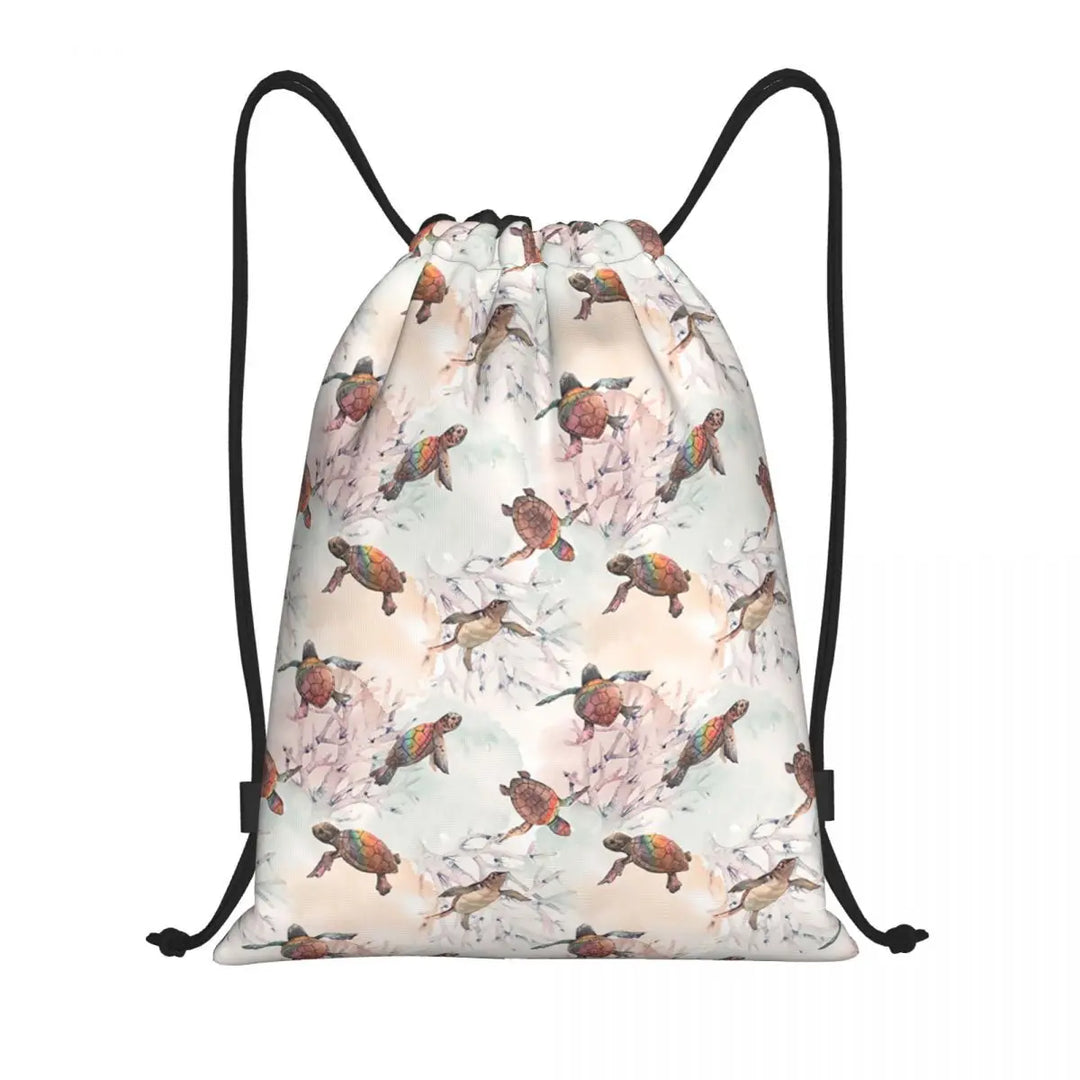 Custom Ocean World Turtles Fish Seahorse Drawstring