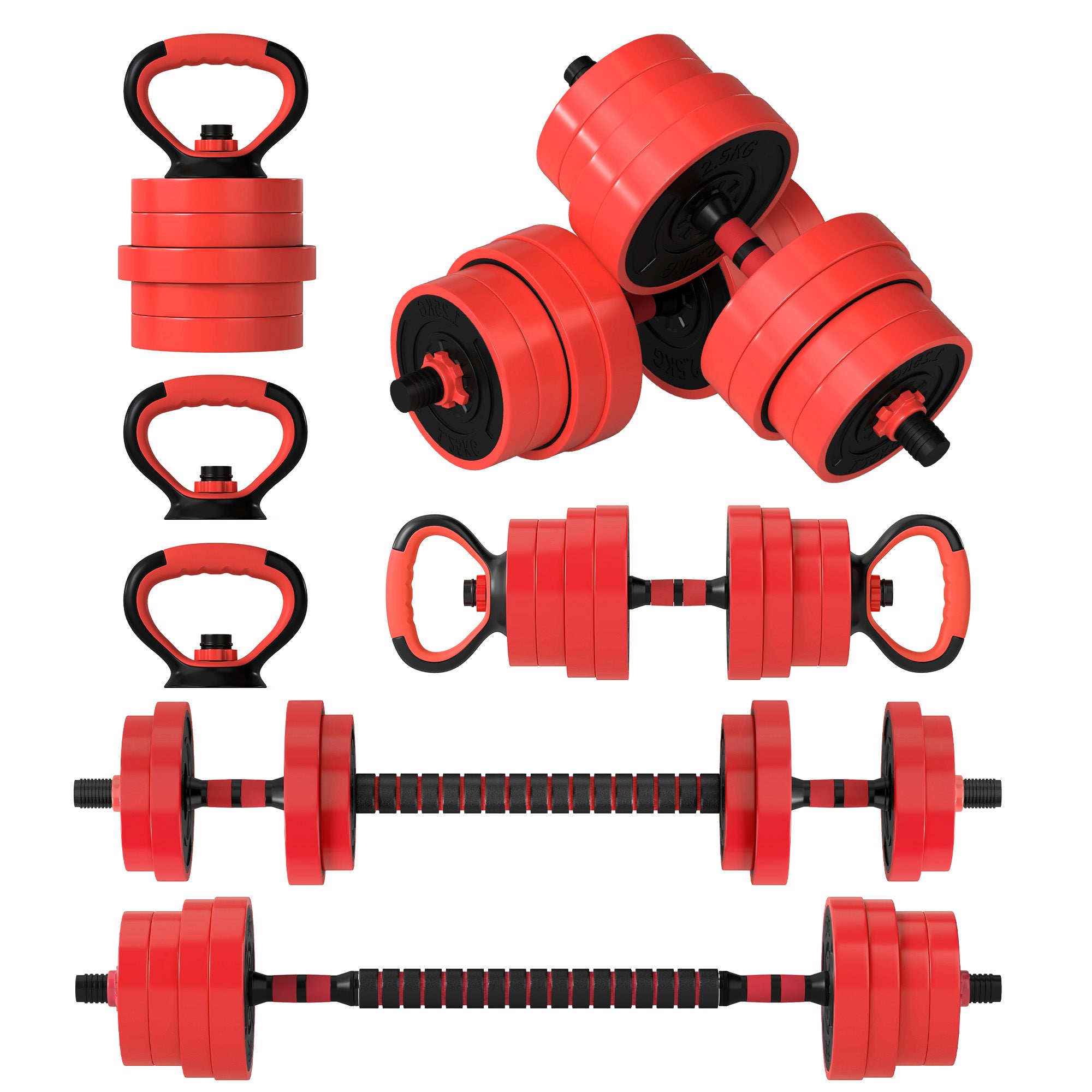 SPORTNOW 30kg 6-In-One Adjustable Weight Dumbbells Set, Barbell, Kettlebell, Push Up Stand - Red